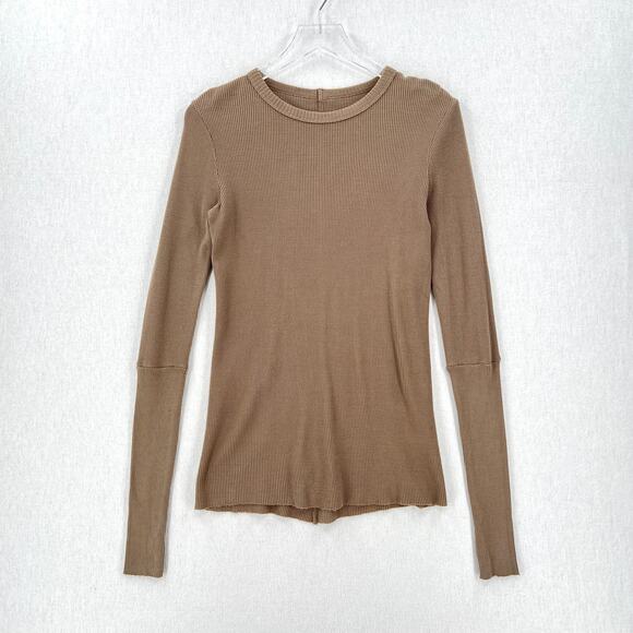 ENZA COSTA Thermal Long Sleeve T-Shirt Women Medium Brown Waffle Knit Thumbholes - Picture 1 of 13